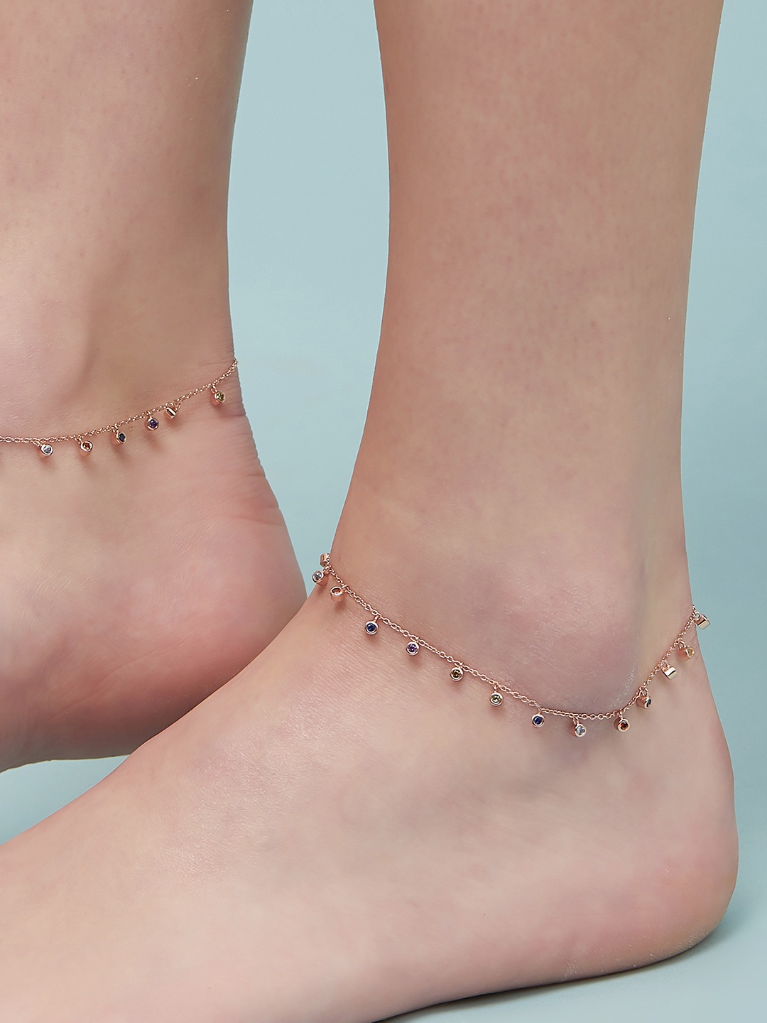 

Zavya Set Of 2 Rose Gold-Plated 925 Pure Silver Artificial Stones Anklet