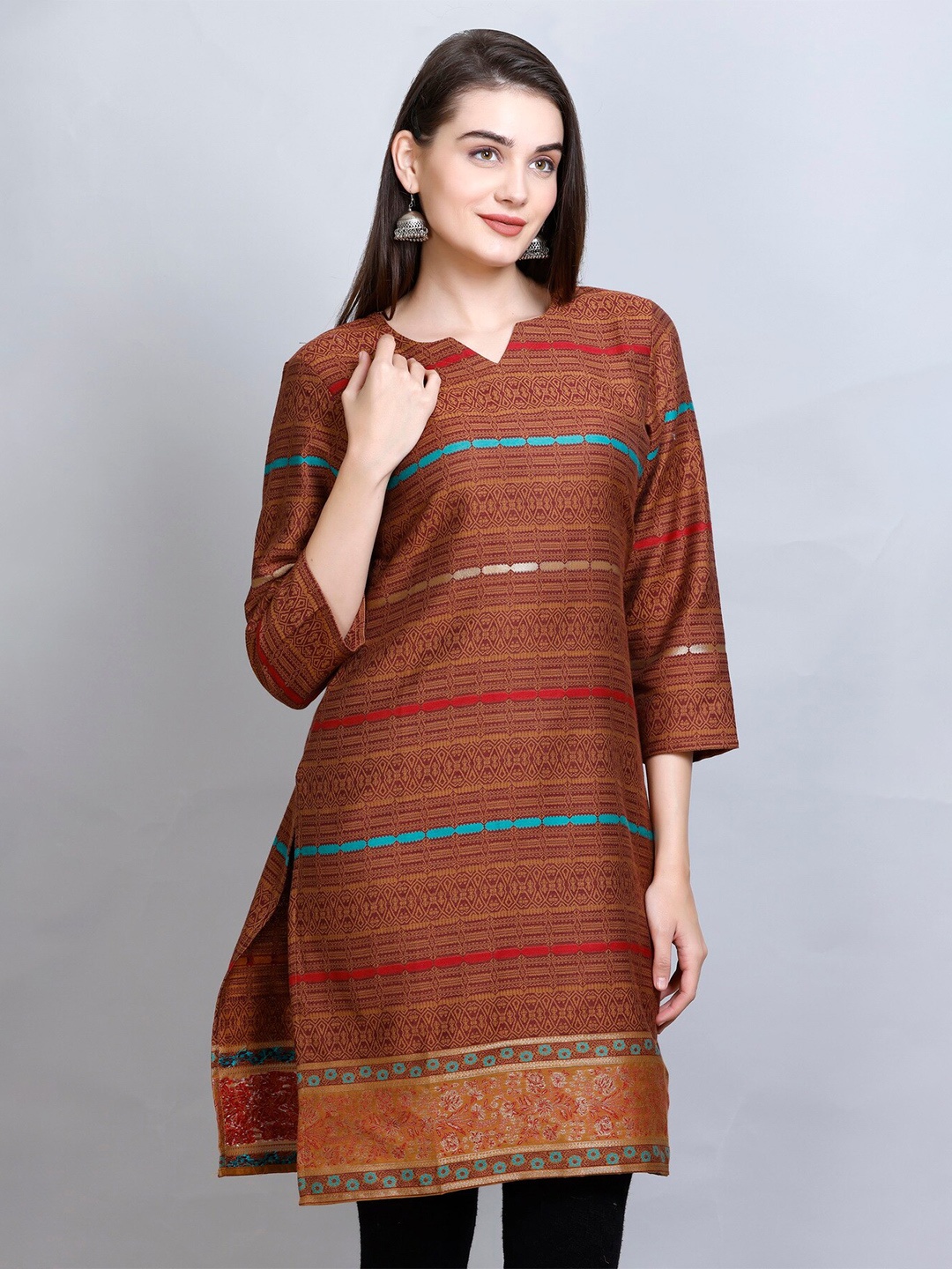 

KIDAR Ethnic Motifs Woven Design V-Neck Jacquard Straight Kurti, Rust