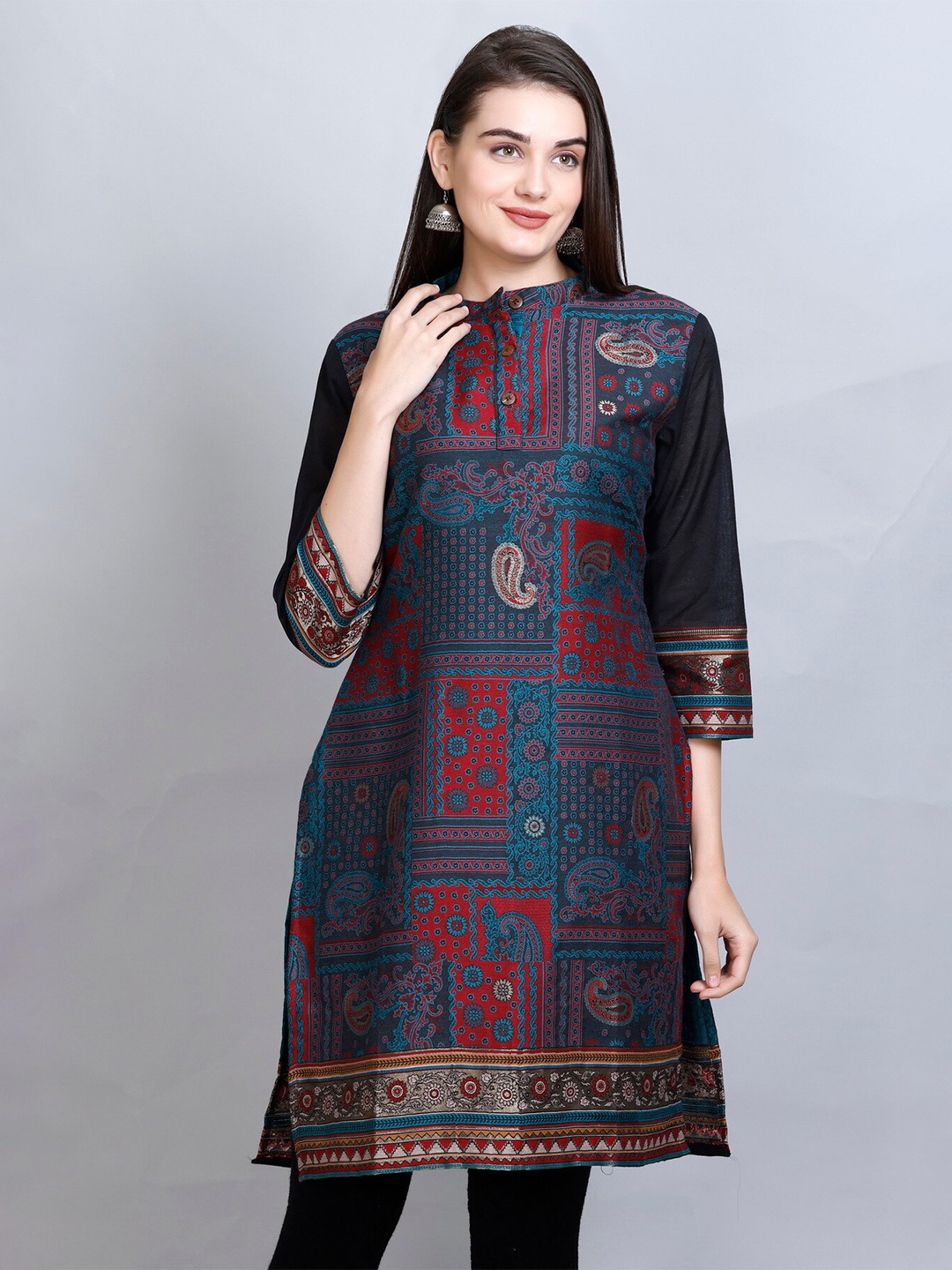 

KIDAR Ethnic Motifs Woven Design Jacquard Straight Kurti, Blue