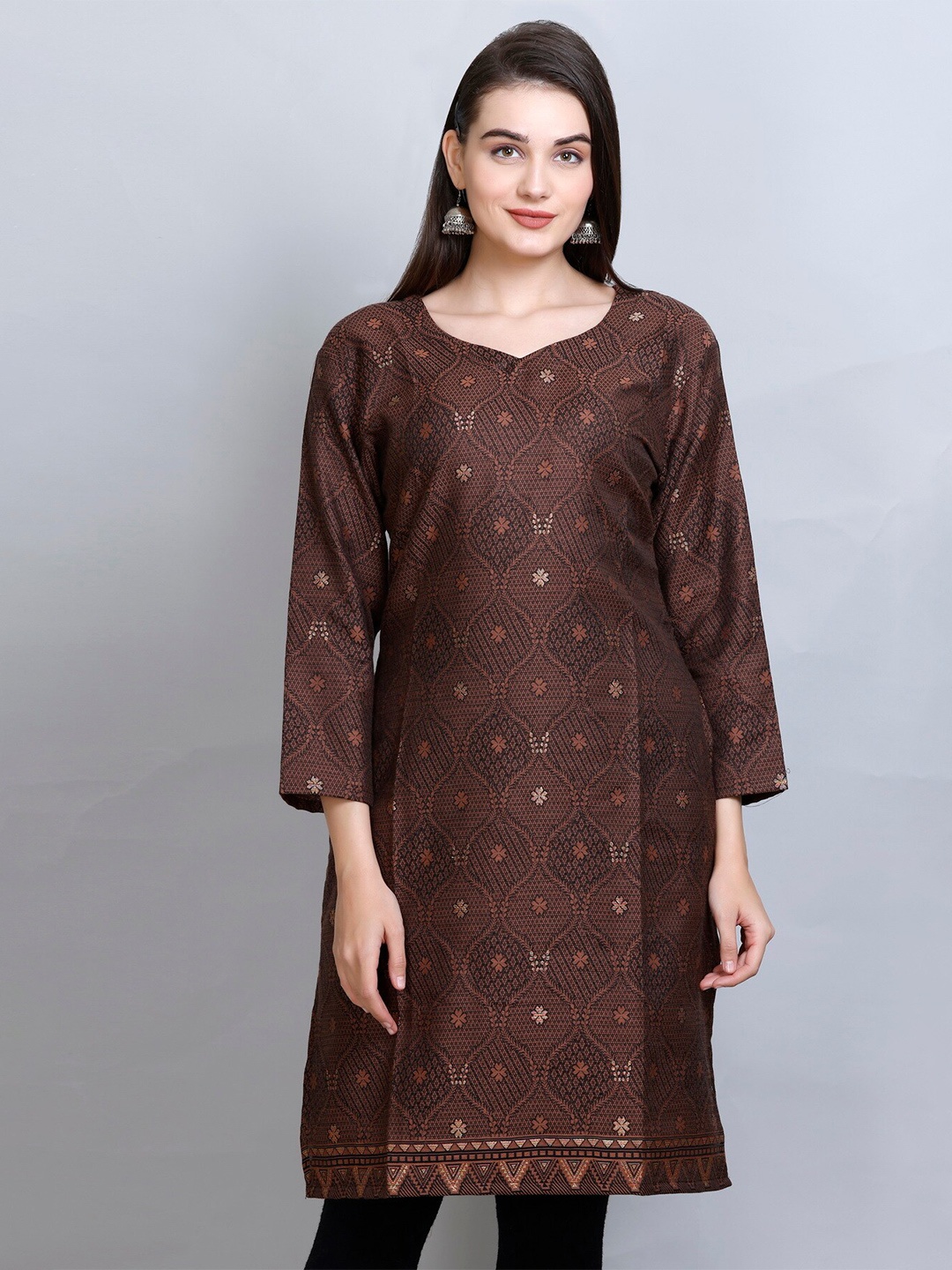 

KIDAR Ethnic Motifs Printed V-Neck Cotton Silk Jacquard Straight Kurta, Brown