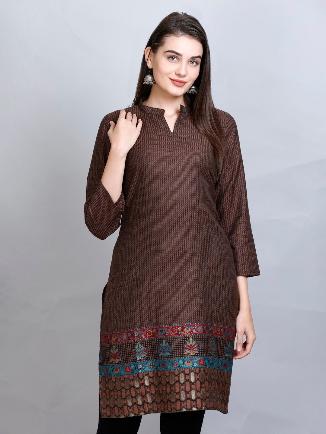 

KIDAR Ethnic Motifs Woven Design Mandarin Collar Jacquard Straight Kurti, Coffee brown