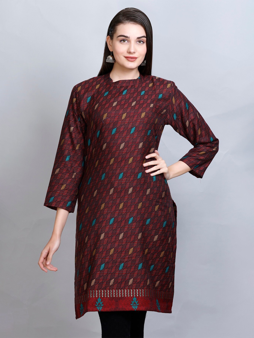 

KIDAR Ethnic Motifs Woven Design Jacquard Straight Kurti, Maroon
