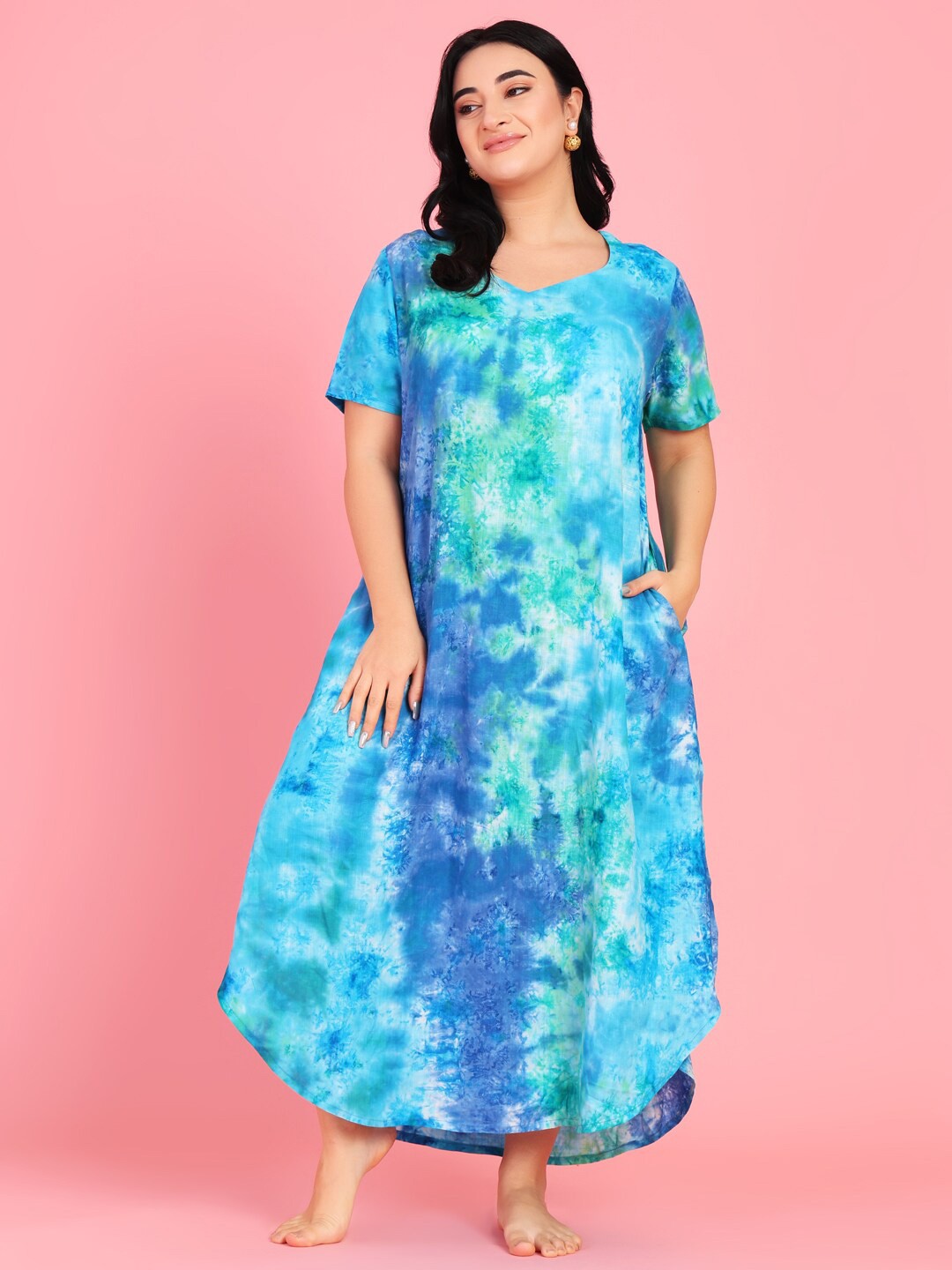 Curvy Love Plus Size Tie & Died Kaftan Nightdress, Blue