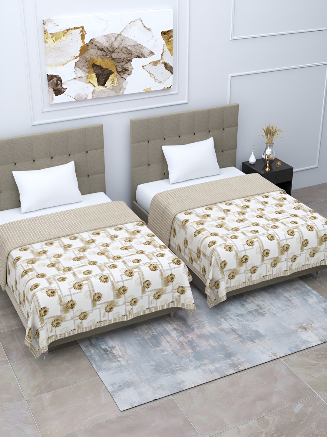 

Home Fresh rosemary Beige & White 2 Pieces Floral AC Room 210 GSM Cotton Single Bed Dohar