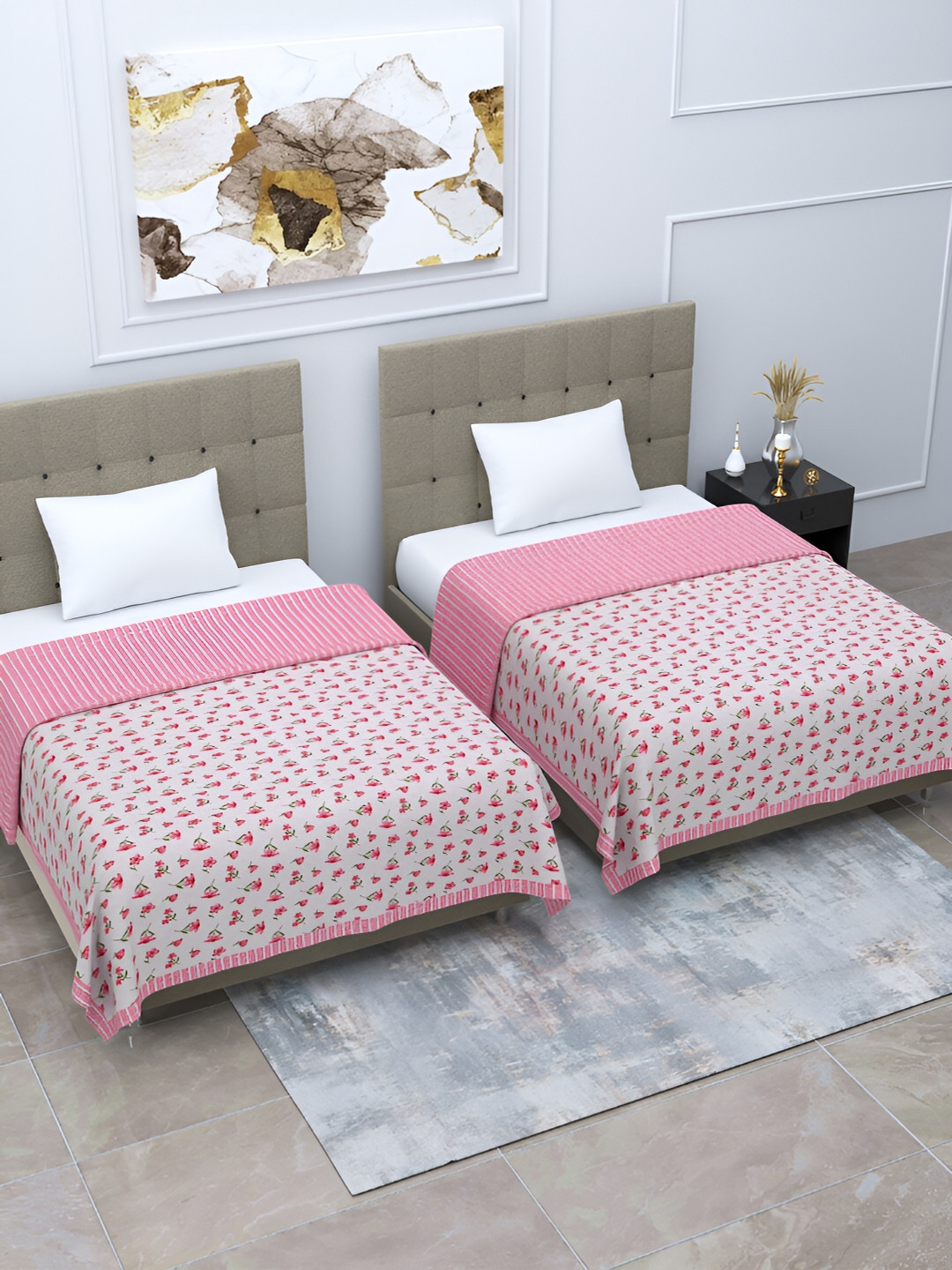 

Home Fresh Rosemary Pink & White 2 Pieces Floral AC Room 210 GSM Cotton Single Bed Dohar