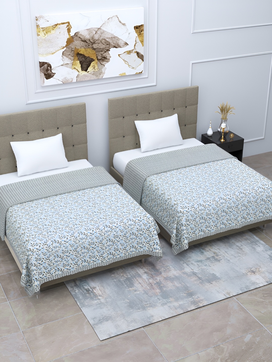 

Home Fresh Rosemary Grey & White 2 Pieces Floral AC Room 210 GSM Cotton Single Bed Dohar