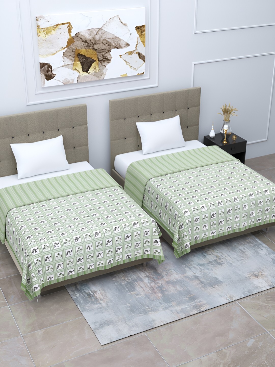 

Home Fresh Rosemary Green & White 2 Pieces Floral AC Room 210 GSM Cotton Single Bed Dohar