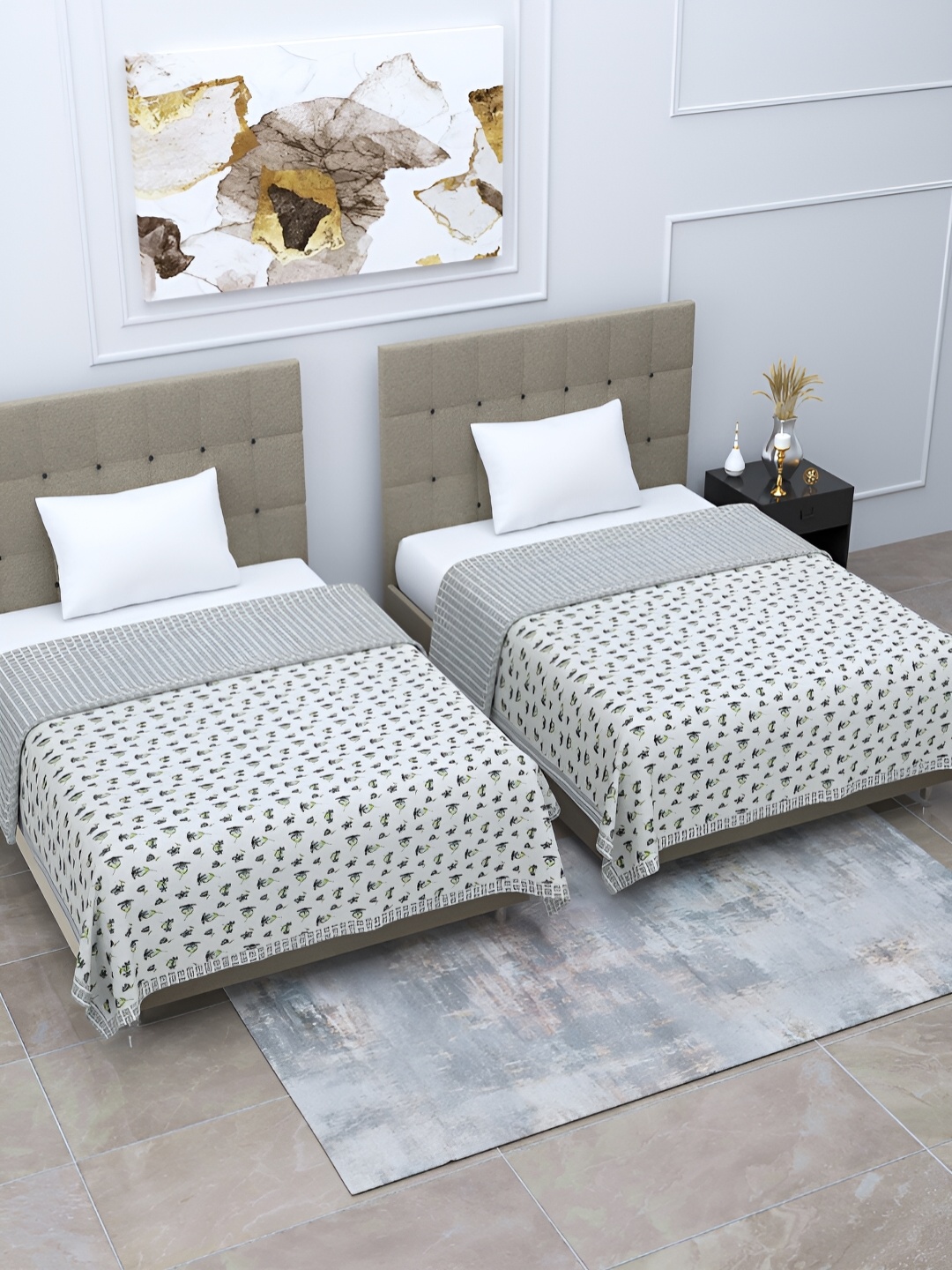 

Home Fresh Rosemary Grey & Green 2 Pieces Floral AC Room 210 GSM Cotton Single Bed Dohar