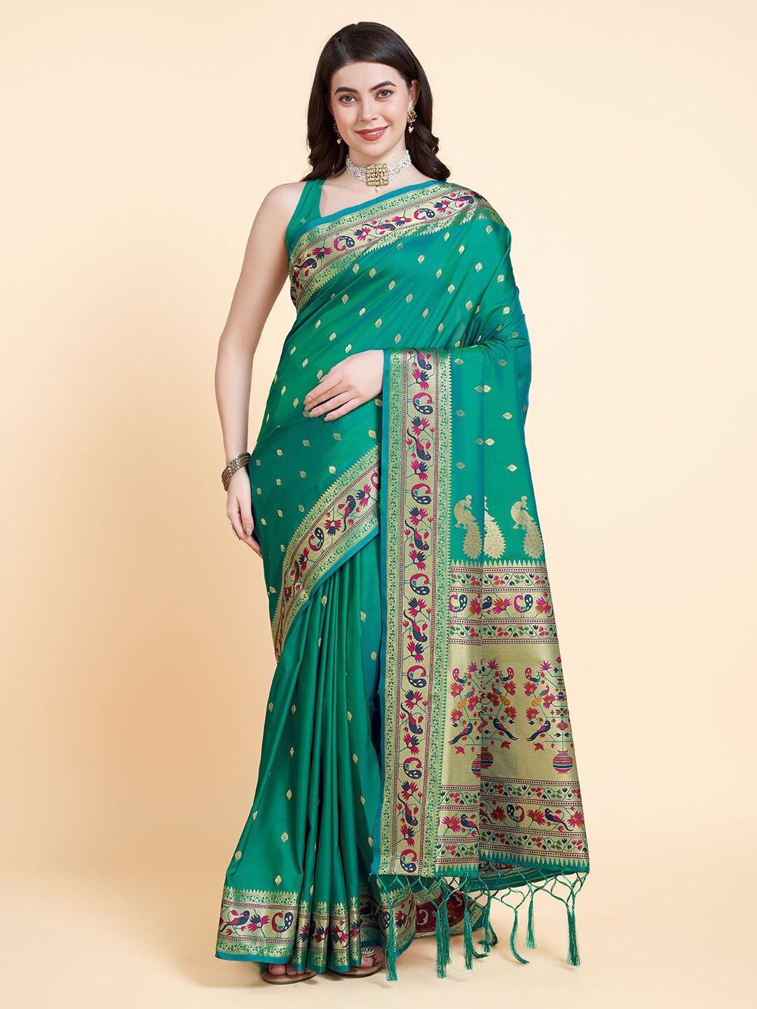 

RAJ DHARMA SILK Ethnic Motifs Woven Design Zari Paithani Saree, Teal