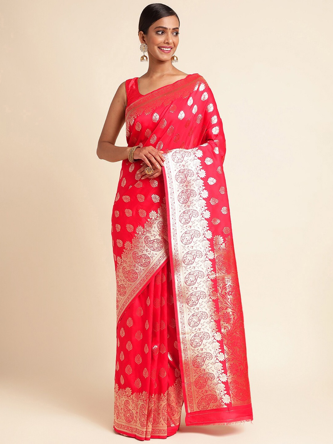 

RAJ DHARMA SILK Ethnic Motifs Woven Design Zari Banarasi Saree, Red