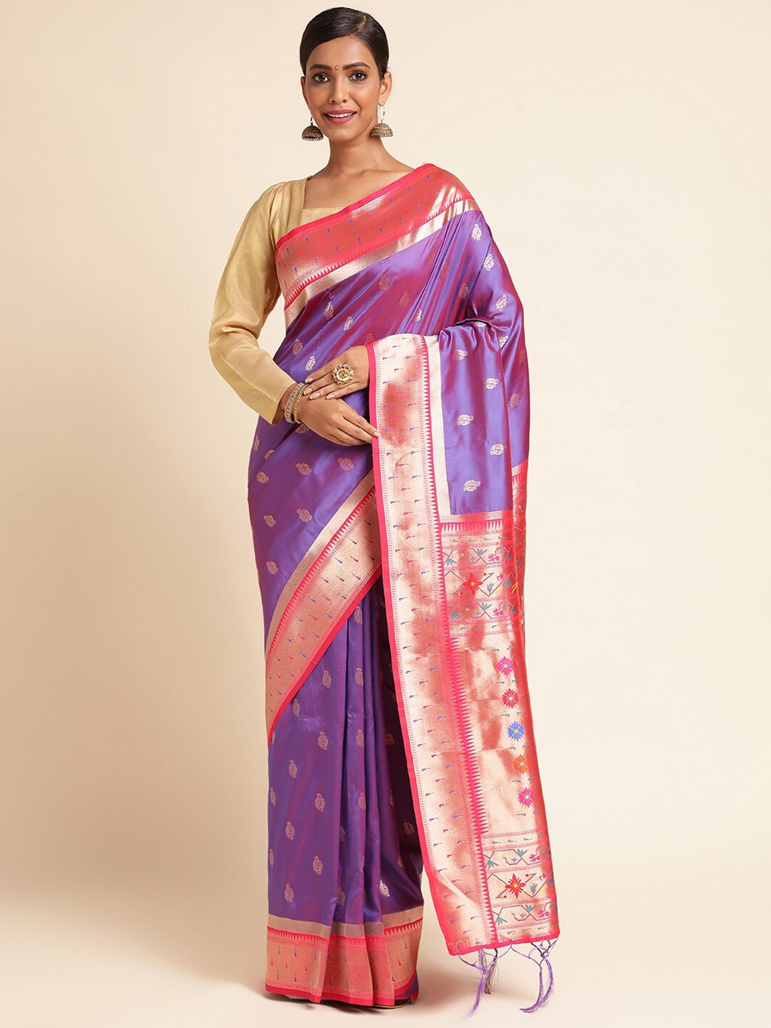 

RAJ DHARMA SILK Ethnic Motifs Woven Design Zari Paithani Saree, Purple