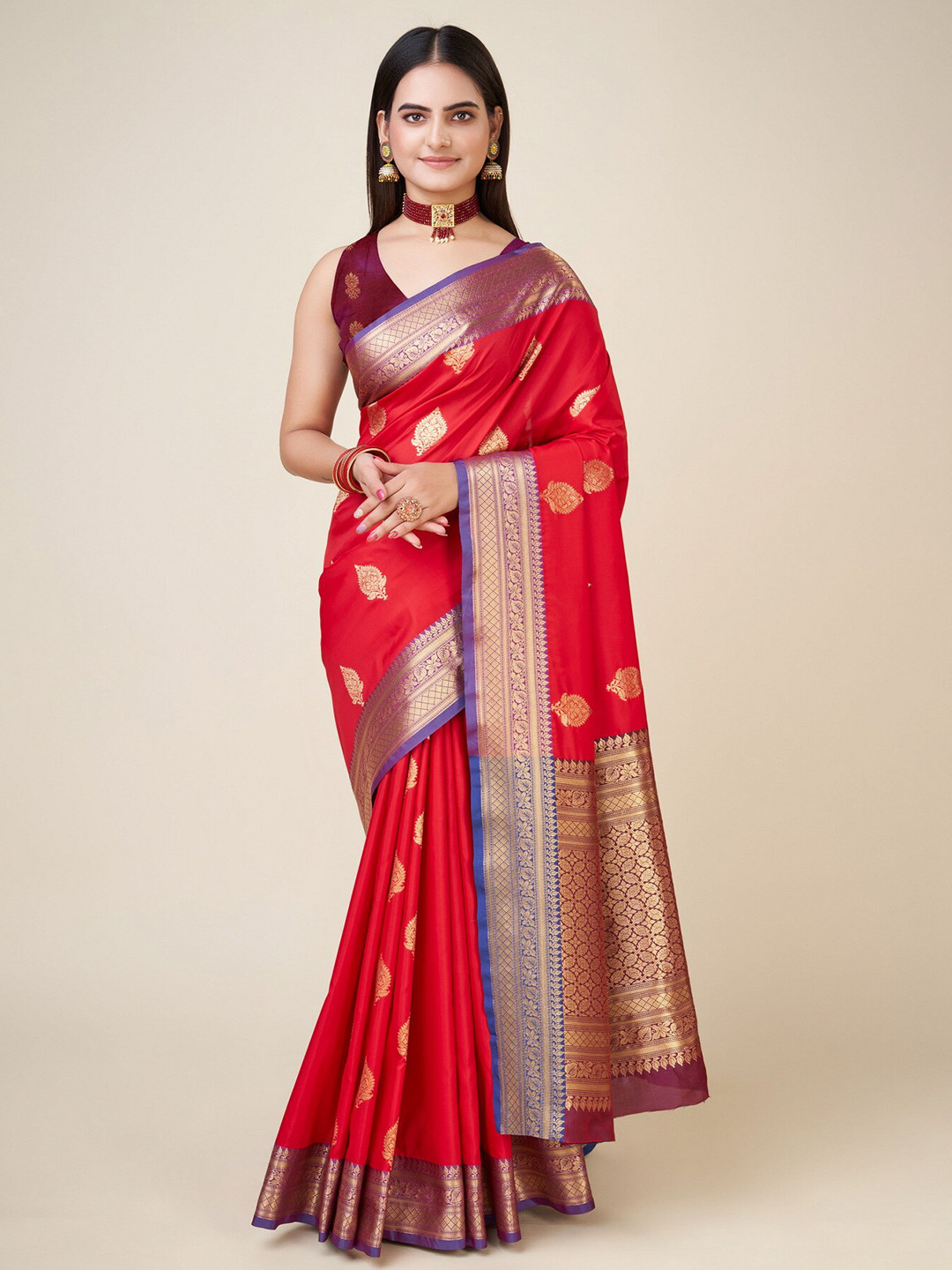 

RAJ DHARMA SILK Ethnic Motifs Woven Design Zari Banarasi Saree, Red