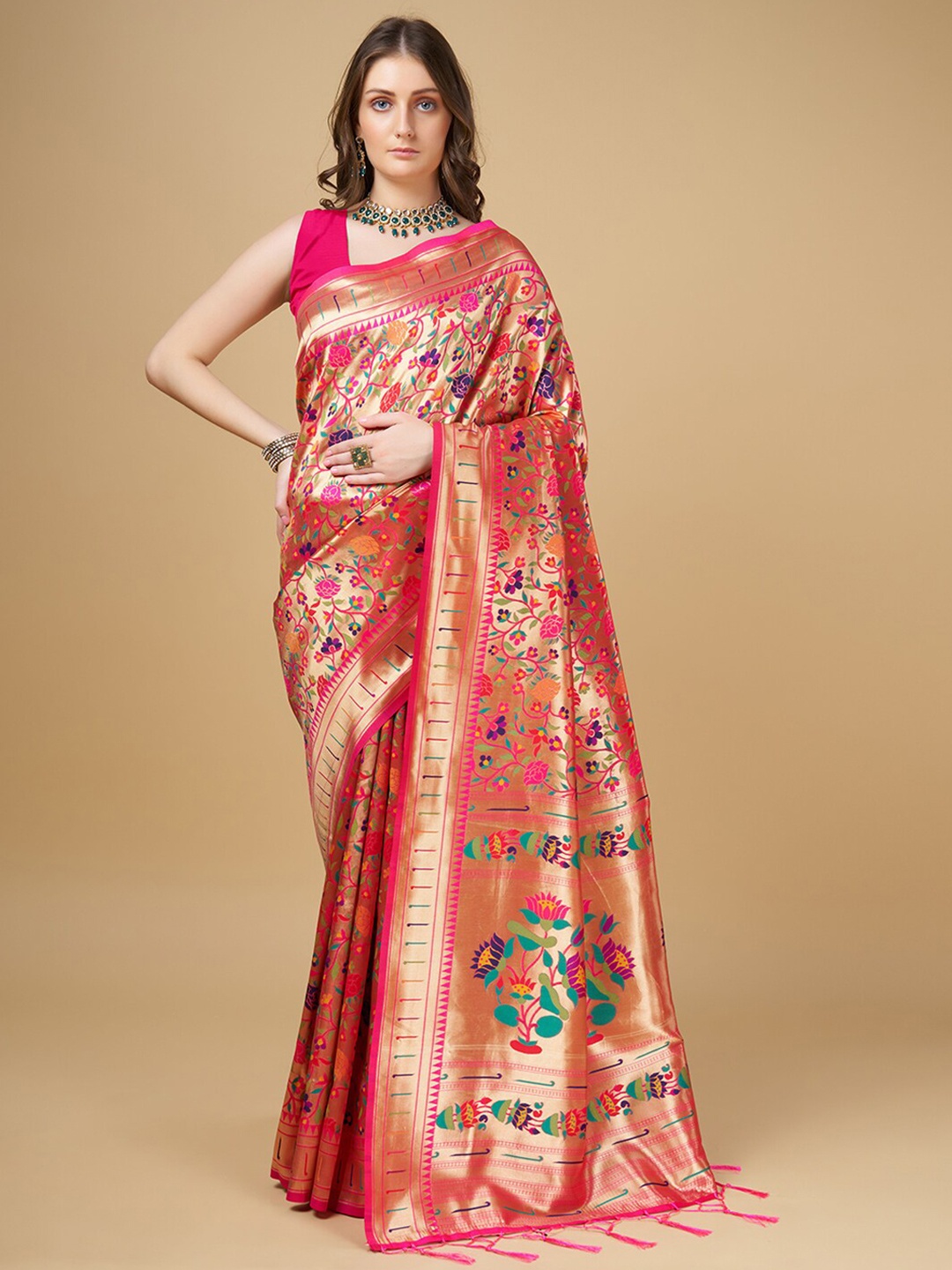 

RAJ DHARMA SILK Woven Design Zari Paithani Saree, Pink