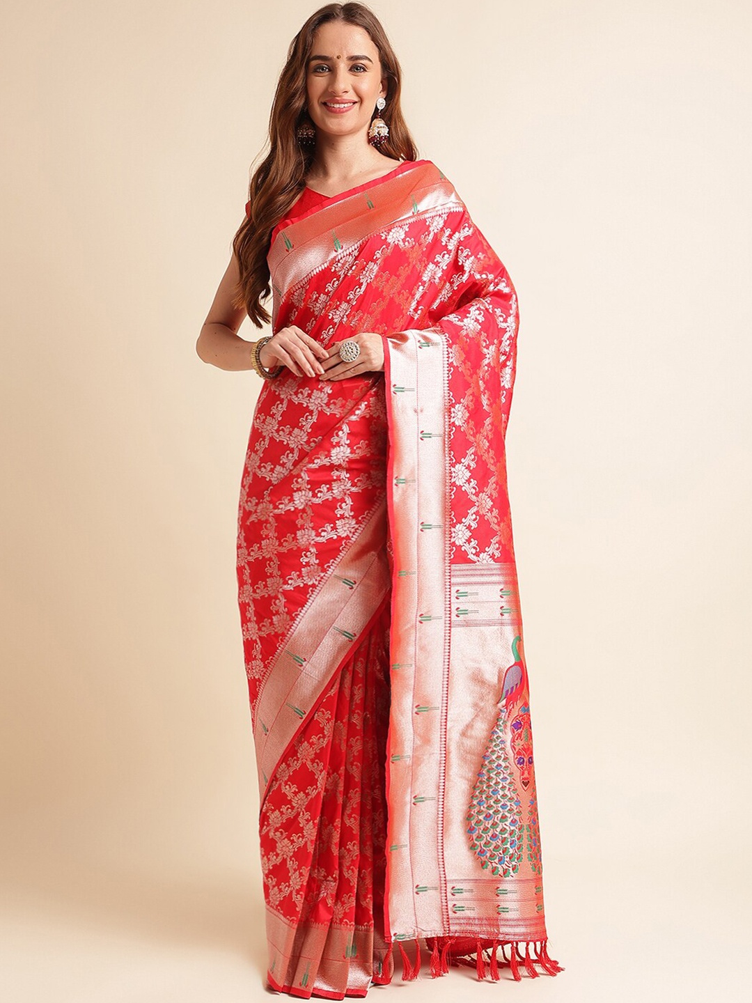 

RAJ DHARMA SILK Woven Design Zari Paithani Saree, Red