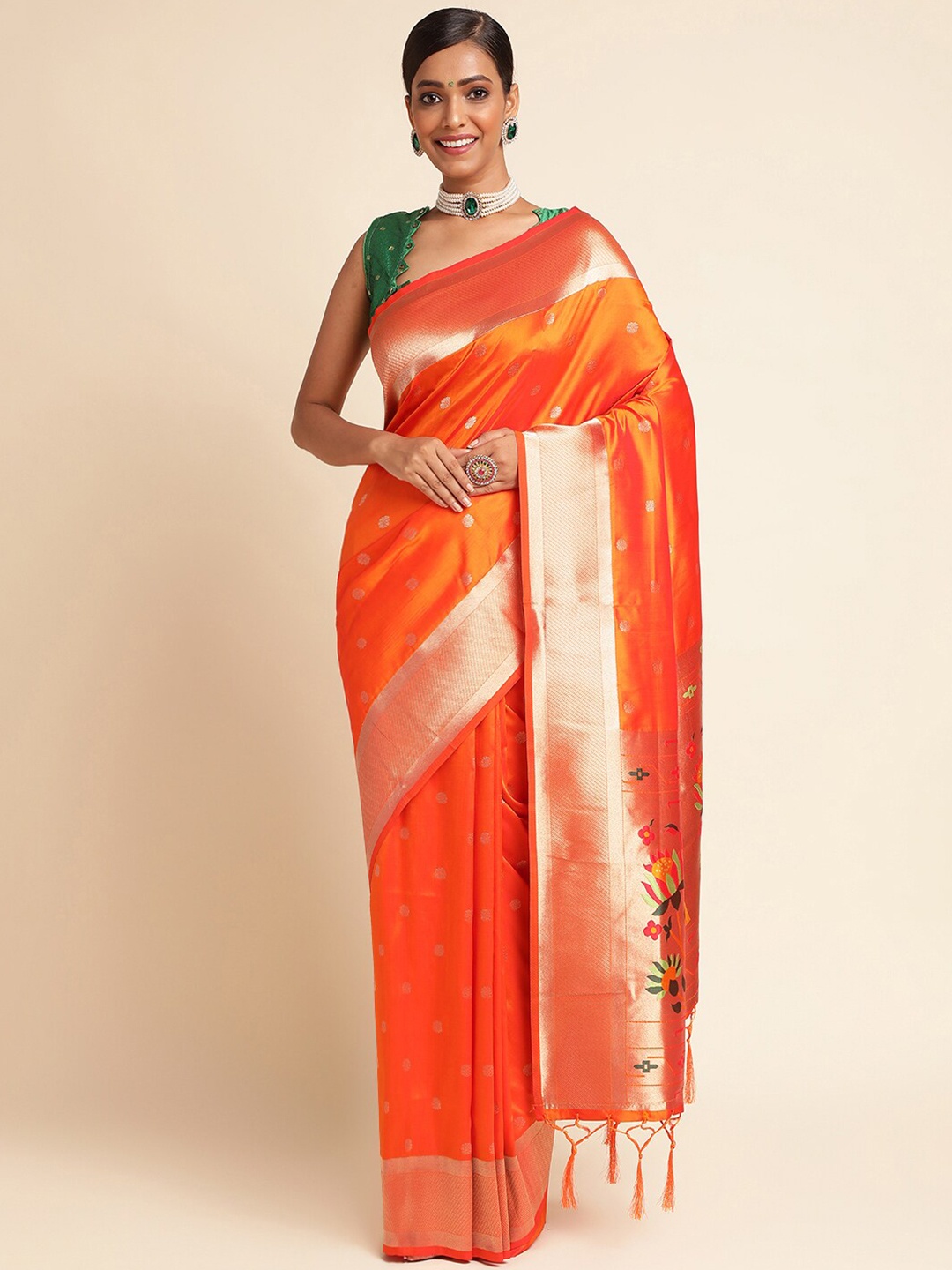 

RAJ DHARMA SILK Woven Design Zari Paithani Saree, Orange