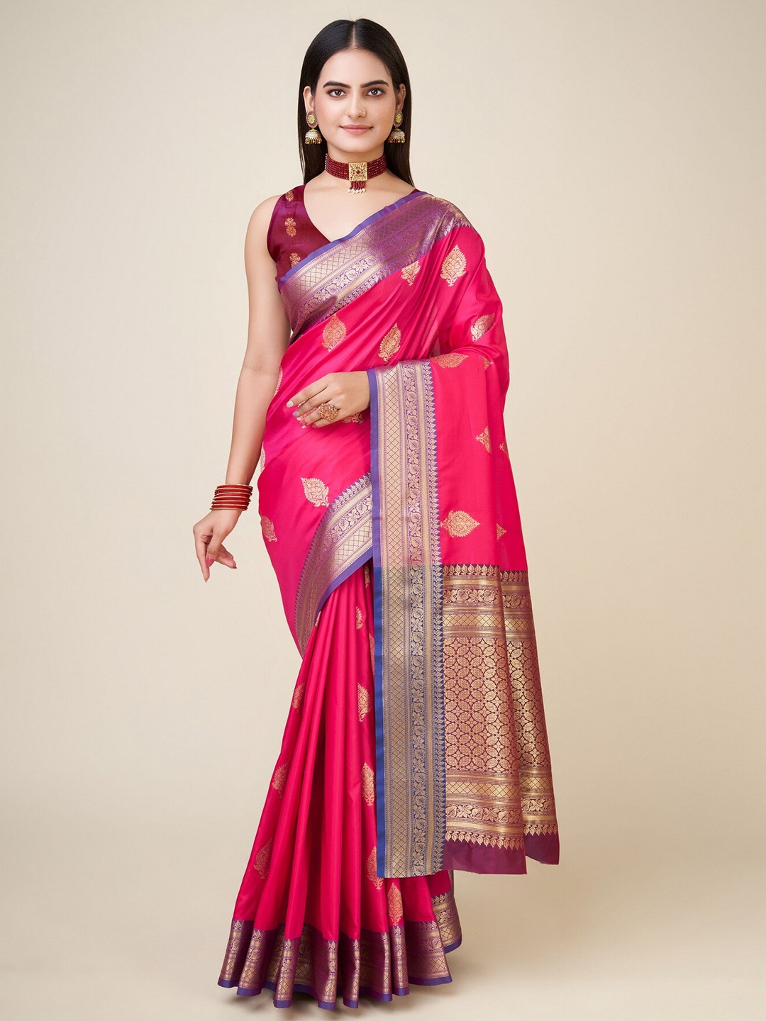 

RAJ DHARMA SILK Ethnic Motifs Woven Design Zari Banarasi Saree, Pink