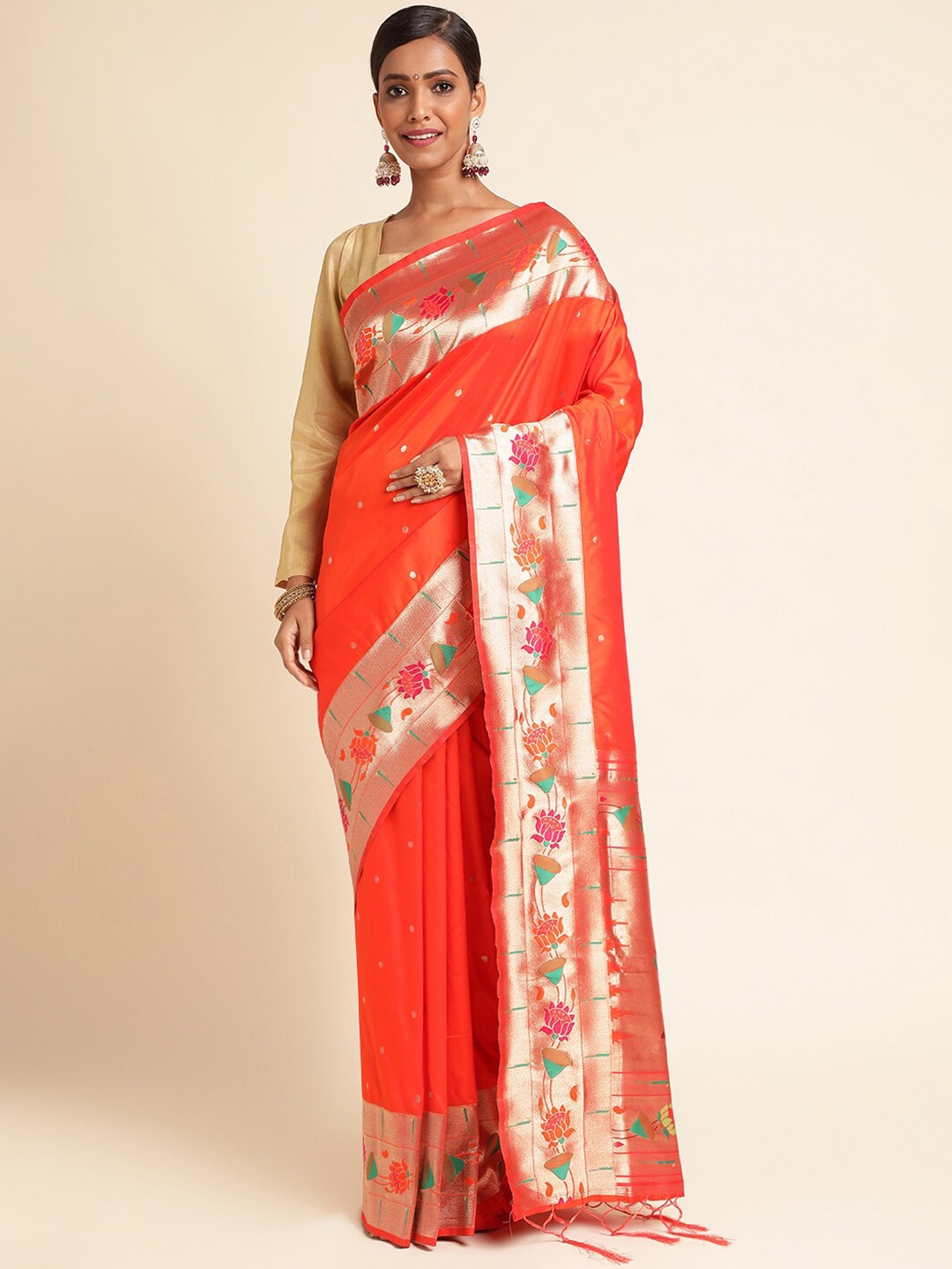 

RAJ DHARMA SILK Woven Design Zari Paithani Saree, Orange