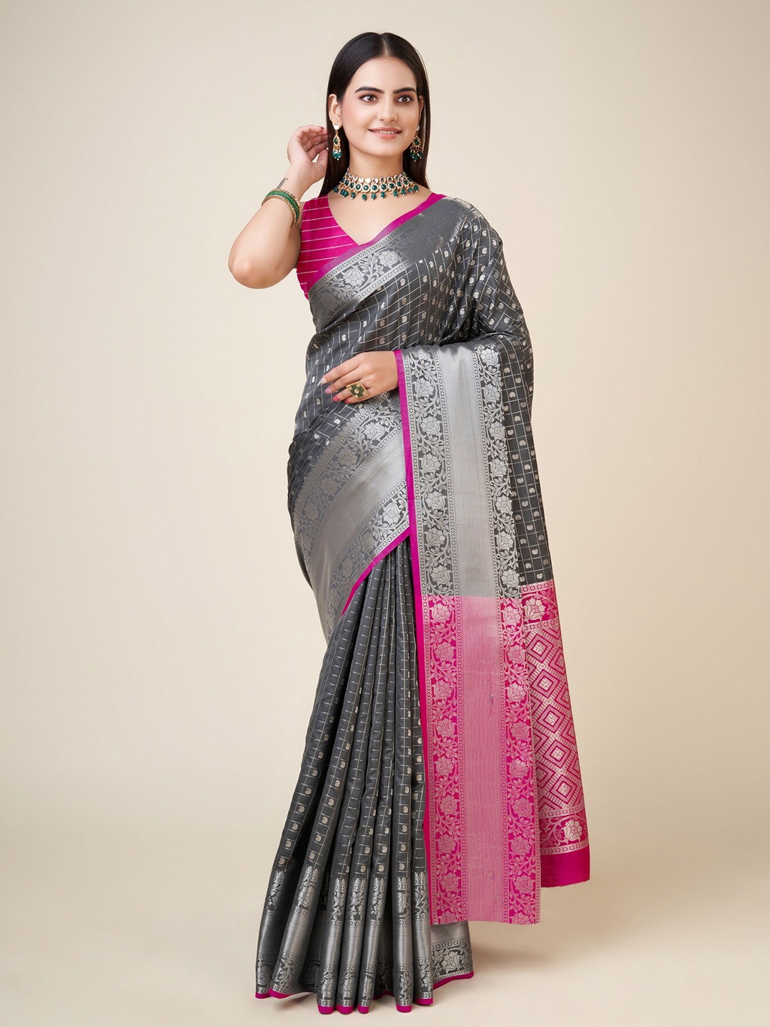 

RAJ DHARMA SILK Woven Design Zari Saree, Grey