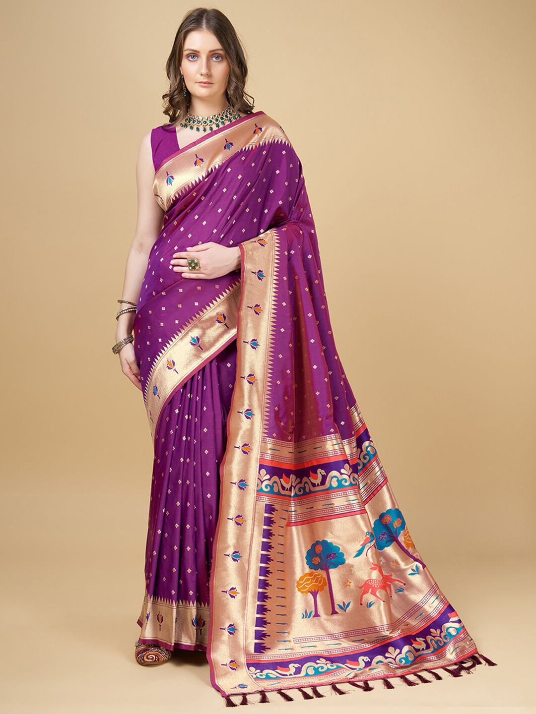 

RAJ DHARMA SILK Ethnic Motifs Woven Design Zari Mysore Silk Saree, Purple