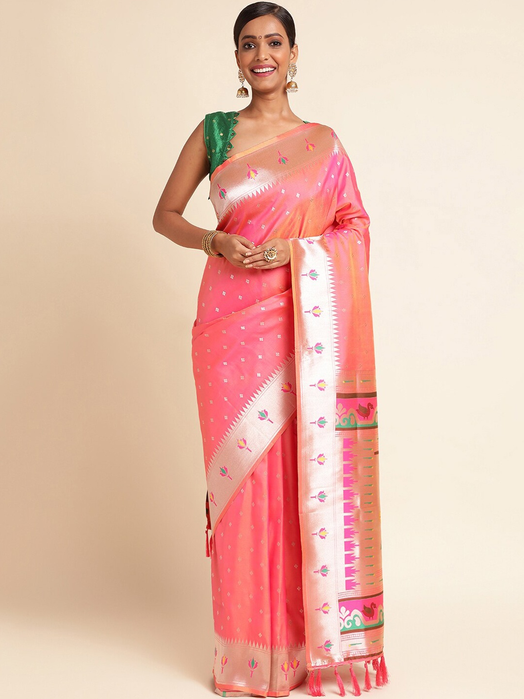 

RAJ DHARMA SILK Woven Design Zari Paithani Saree, Pink