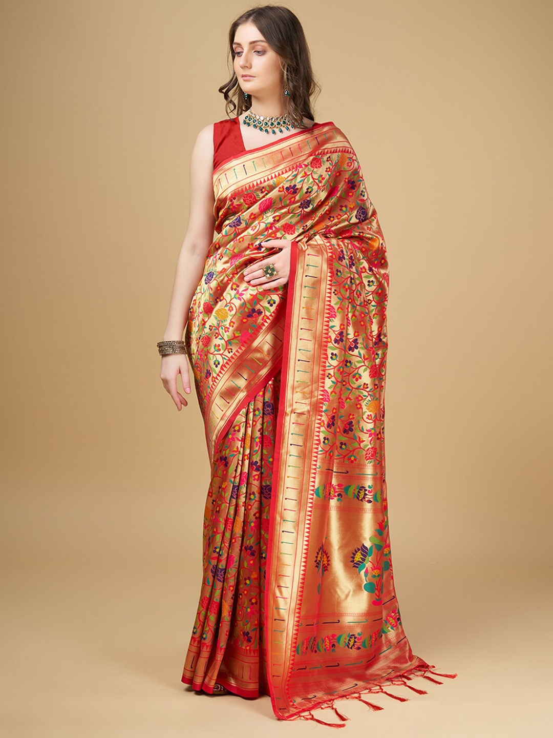 

RAJ DHARMA SILK Woven Design Zari Paithani Saree, Red