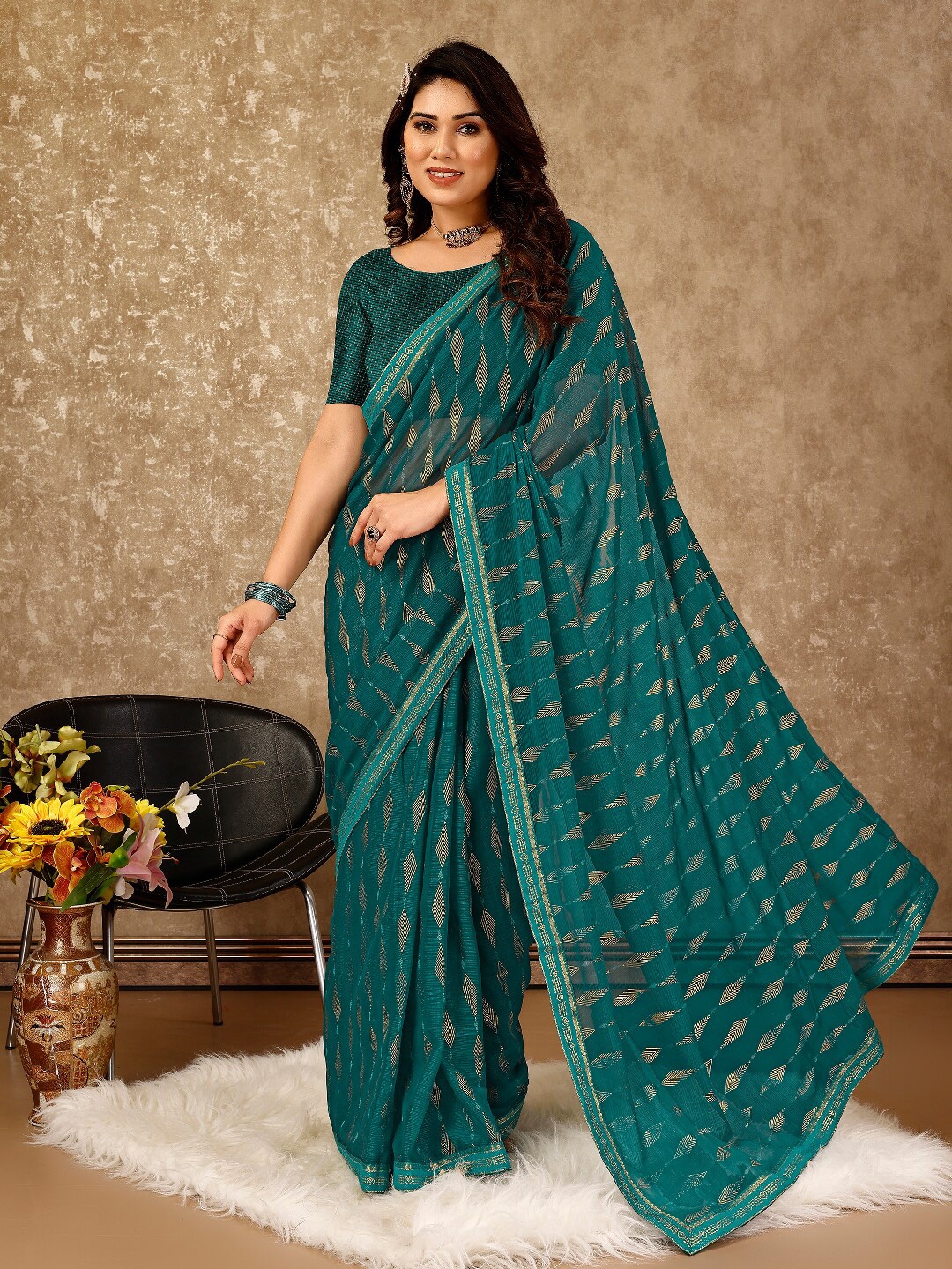 

Indian Women Ethnic Motifs Pure Chiffon Saree, Teal