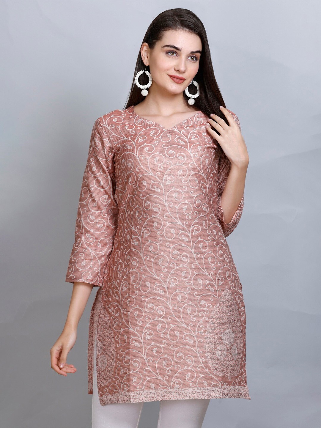 

KIDAR Ethnic Motifs Printed Jacquard Cotton Silk Straight Kurti, Brown