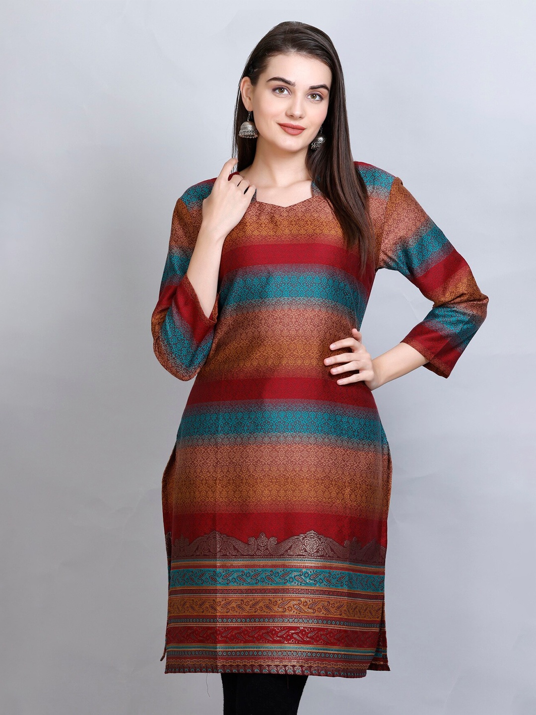 

KIDAR Ethnic Motifs Woven Design Jacquard Straight Kurti, Rust