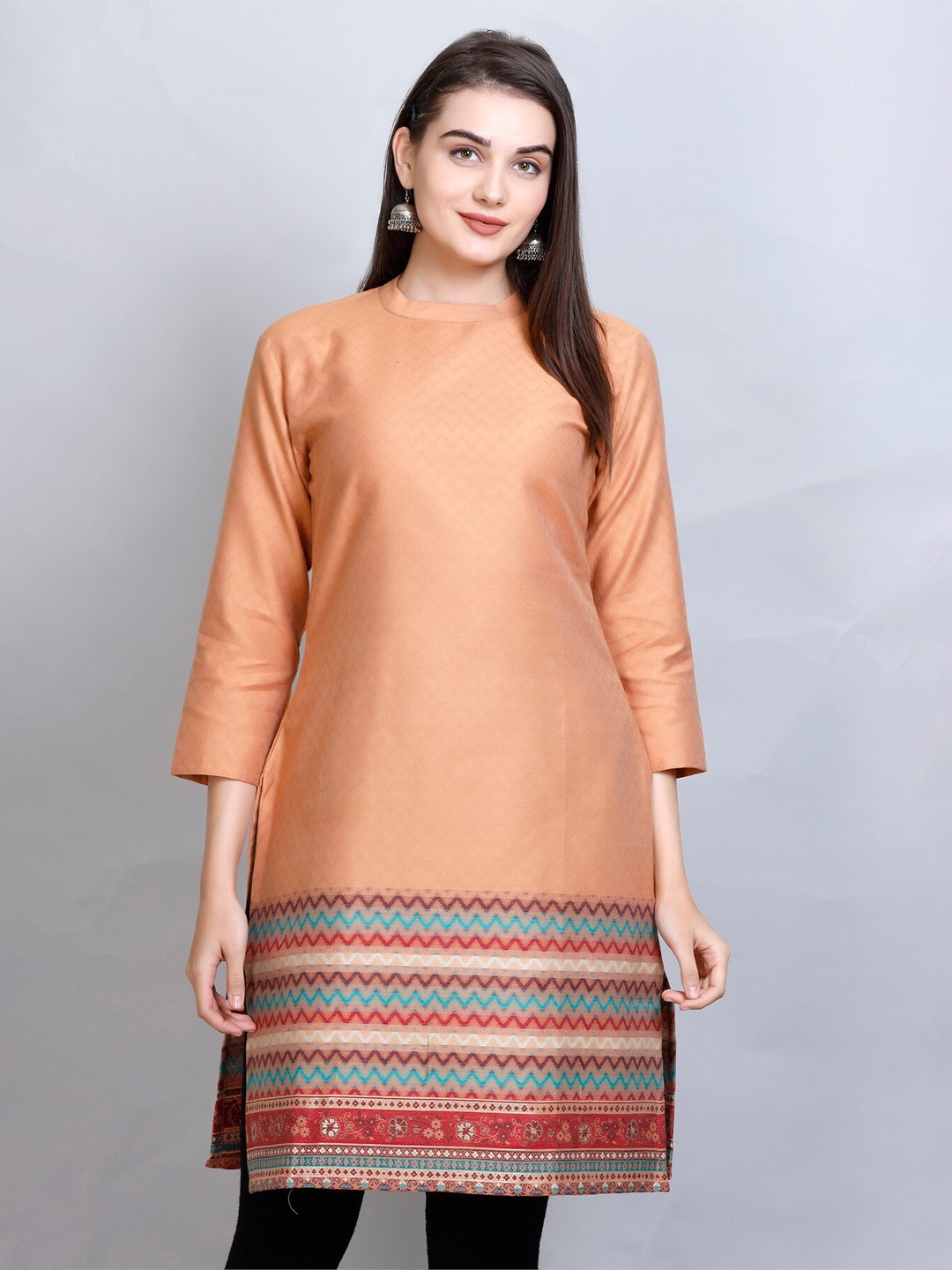 

KIDAR Ethnic Motifs Woven Design Jacquard Straight Kurti, Peach
