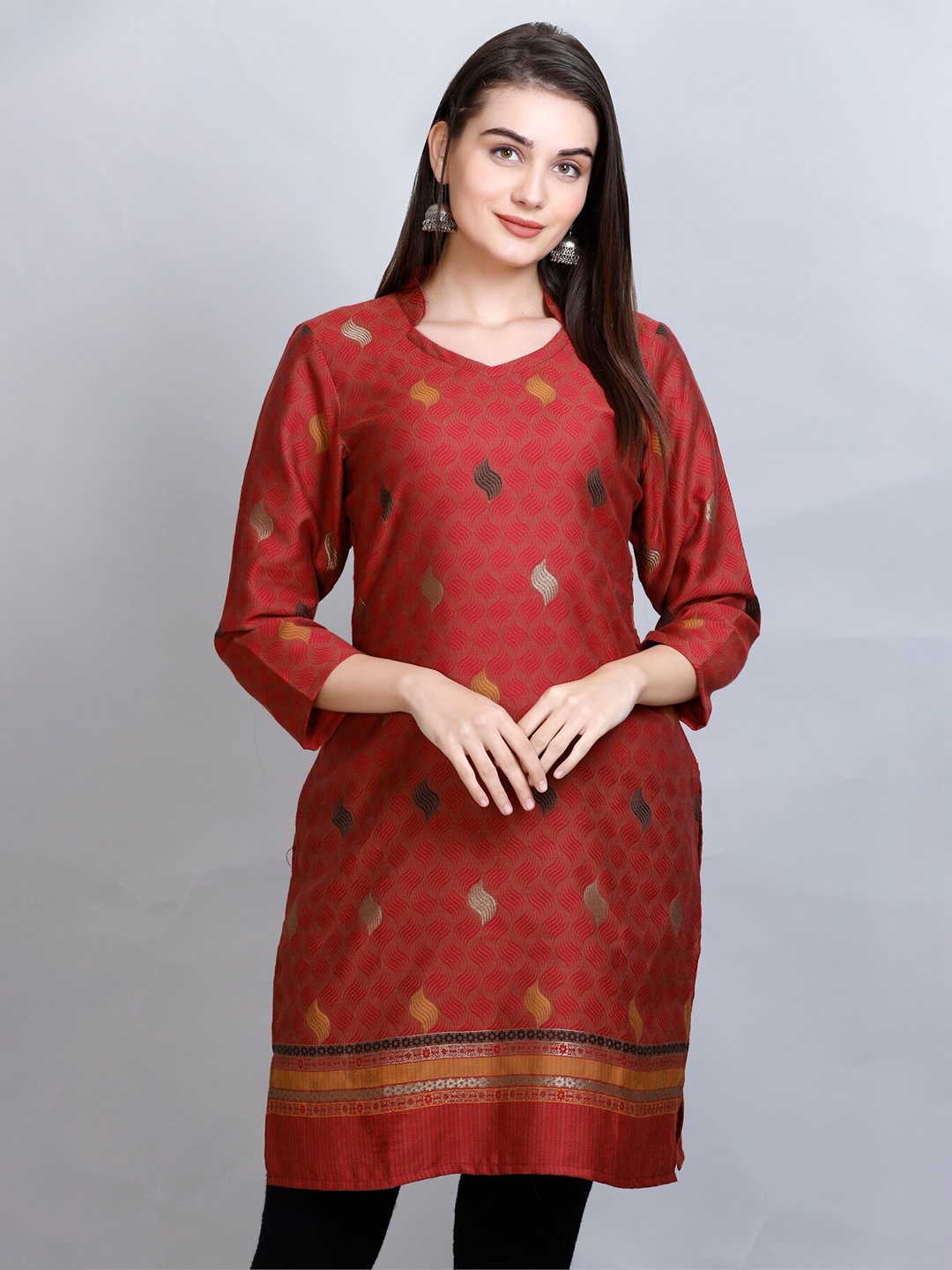 

KIDAR Ethnic Motifs Woven Design V-Neck Jacquard Straight Kurti, Maroon