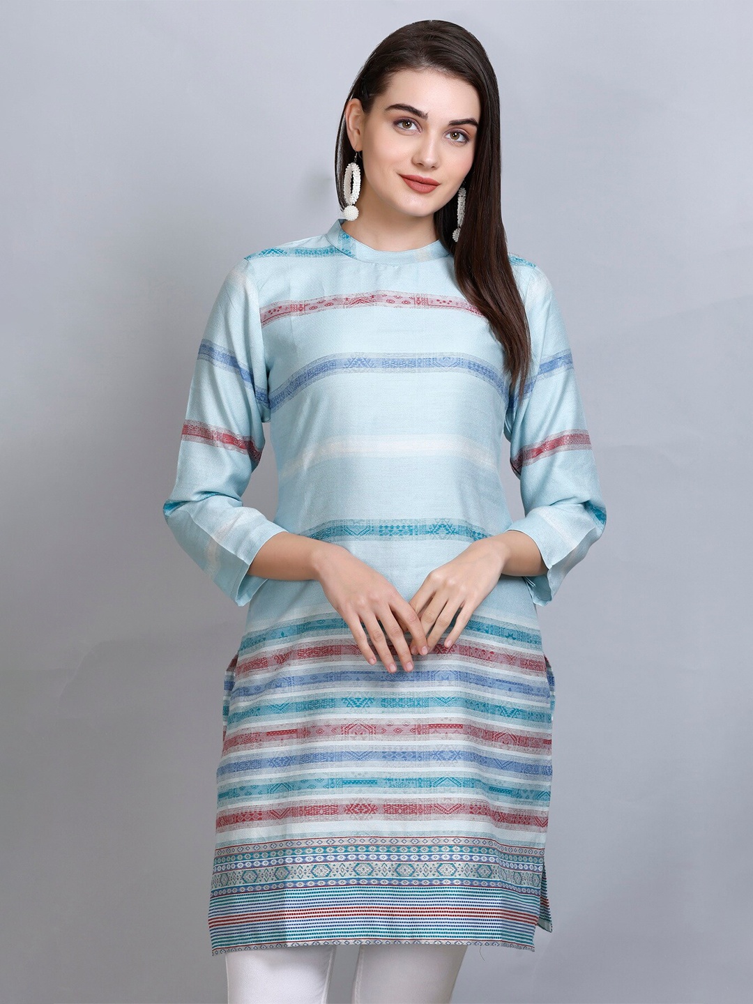 

KIDAR Ethnic Woven Design Cotton Silk Straight Kurti, Blue