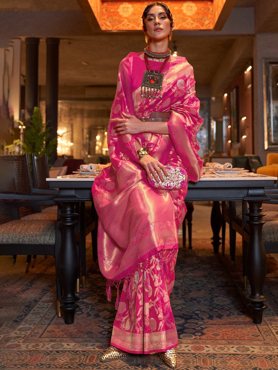

NK Textiles Ethnic Woven Design Zari Banarasi Saree, Pink