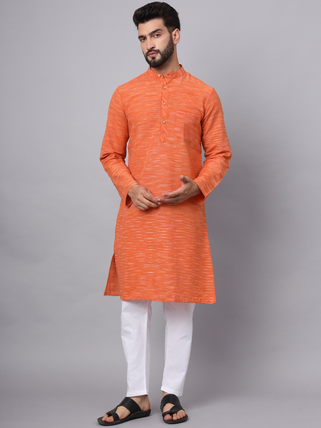 

Latest Chikan Garments Mandarin Collar Long Sleeves Cotton Pathani Kurta, Orange