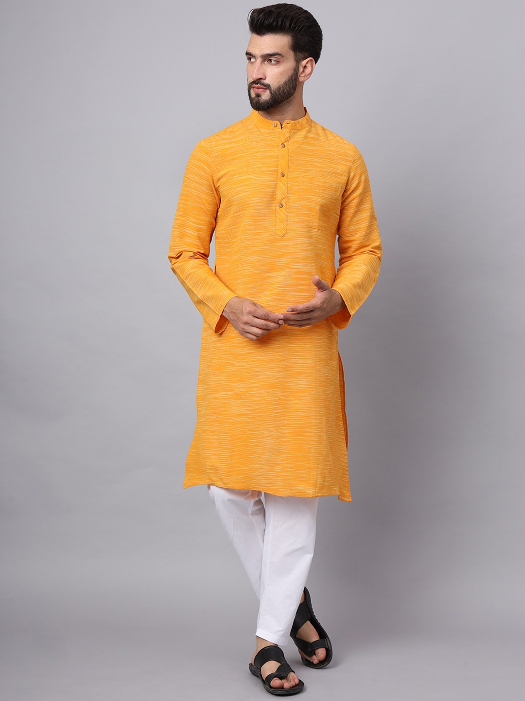 

Latest Chikan Garments Mandarin Collar Long Sleeves Cotton Kurta, Yellow