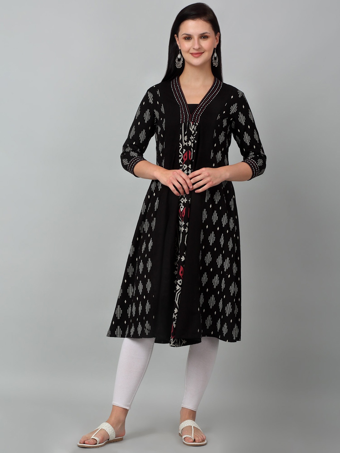 Cantabil Ethnic Motifs Printed V-Neck A-Line Cotton Kurta, Black