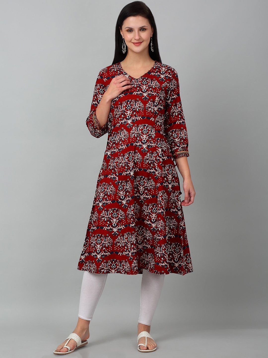 

Cantabil Ethnic Motifs Printed V-Neck Cotton A-Line Kurta, Maroon