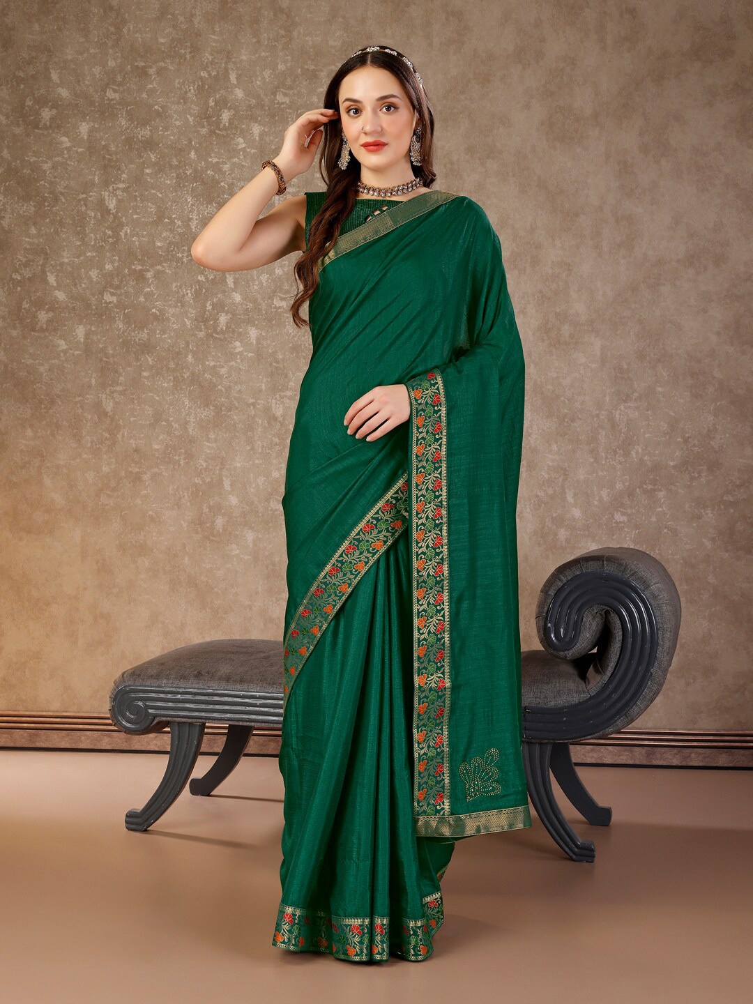 

Indian Women Zari Pure Chiffon Saree, Green