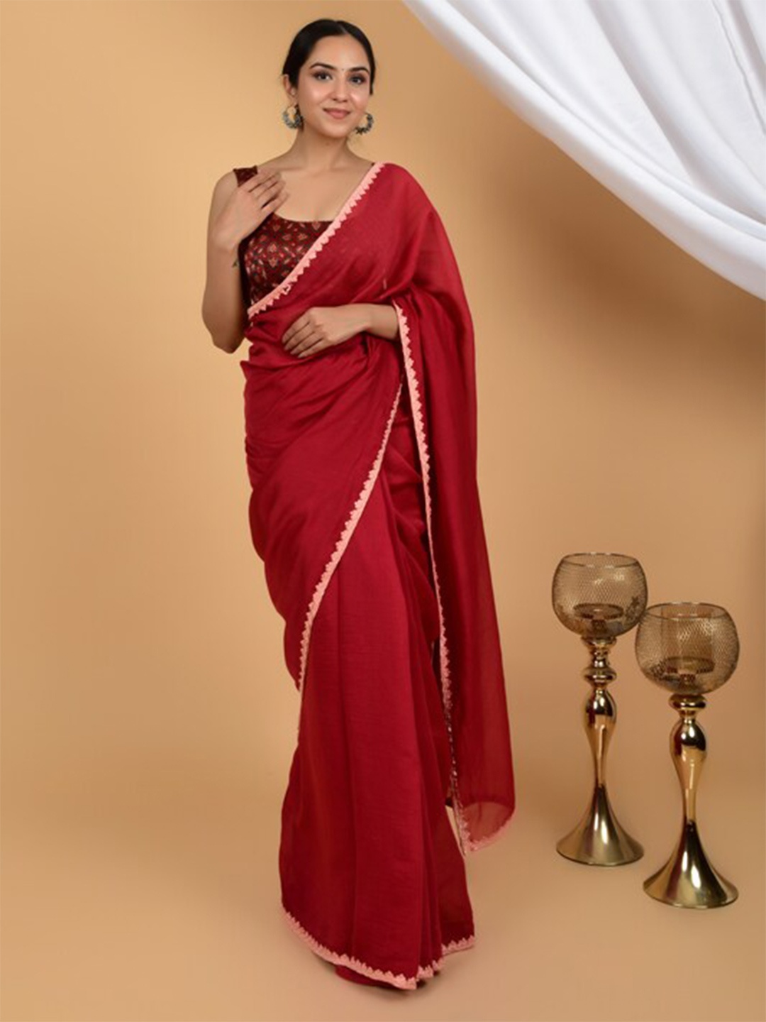 

HANDME Silk Cotton Chanderi Saree, Red