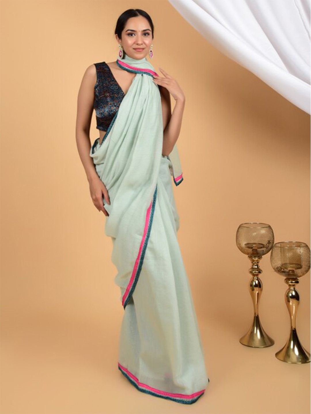 

HANDME Silk Cotton Chanderi Saree, Blue