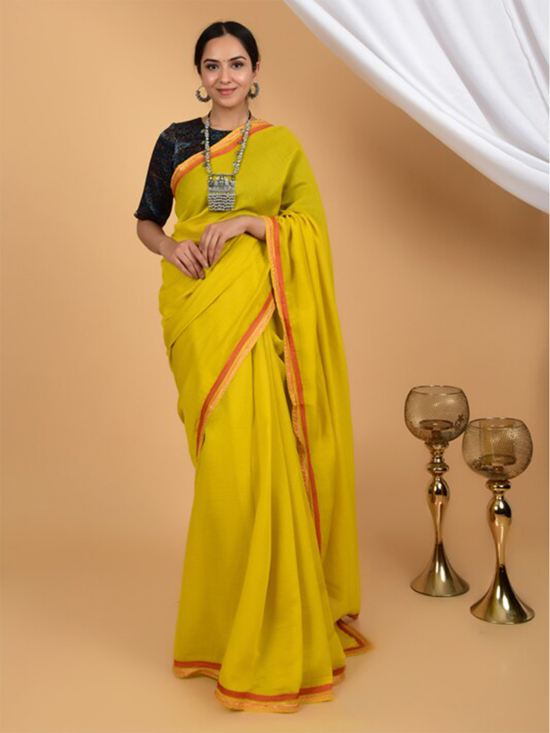 

HANDME Silk Cotton Chanderi Saree, Yellow