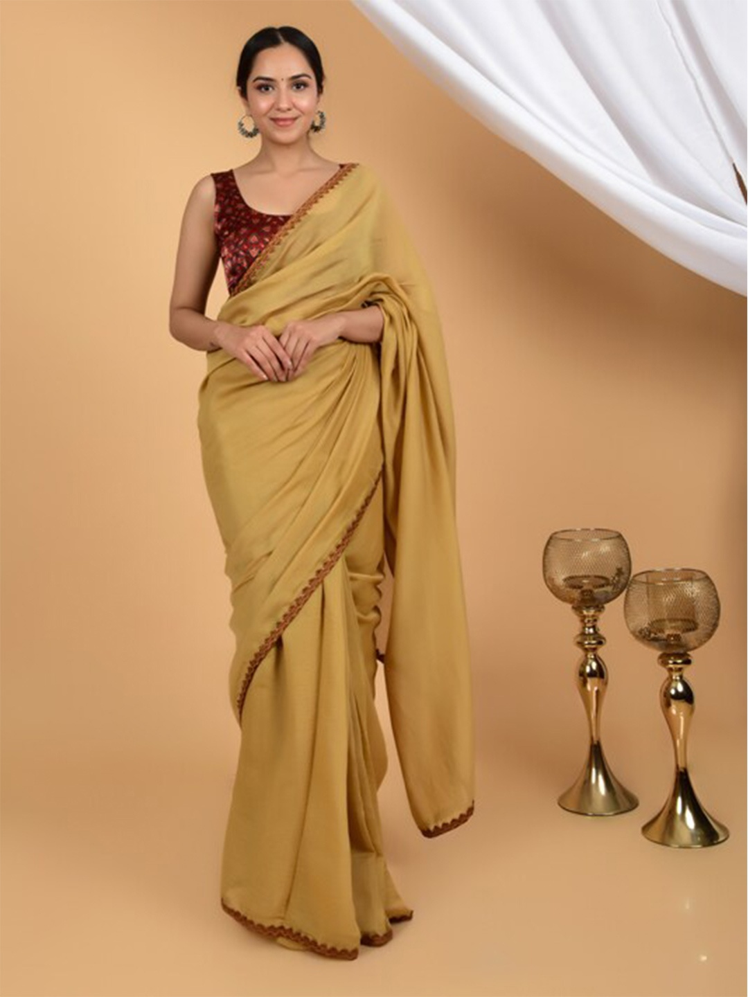 

HANDME Silk Cotton Chanderi Saree, Mustard