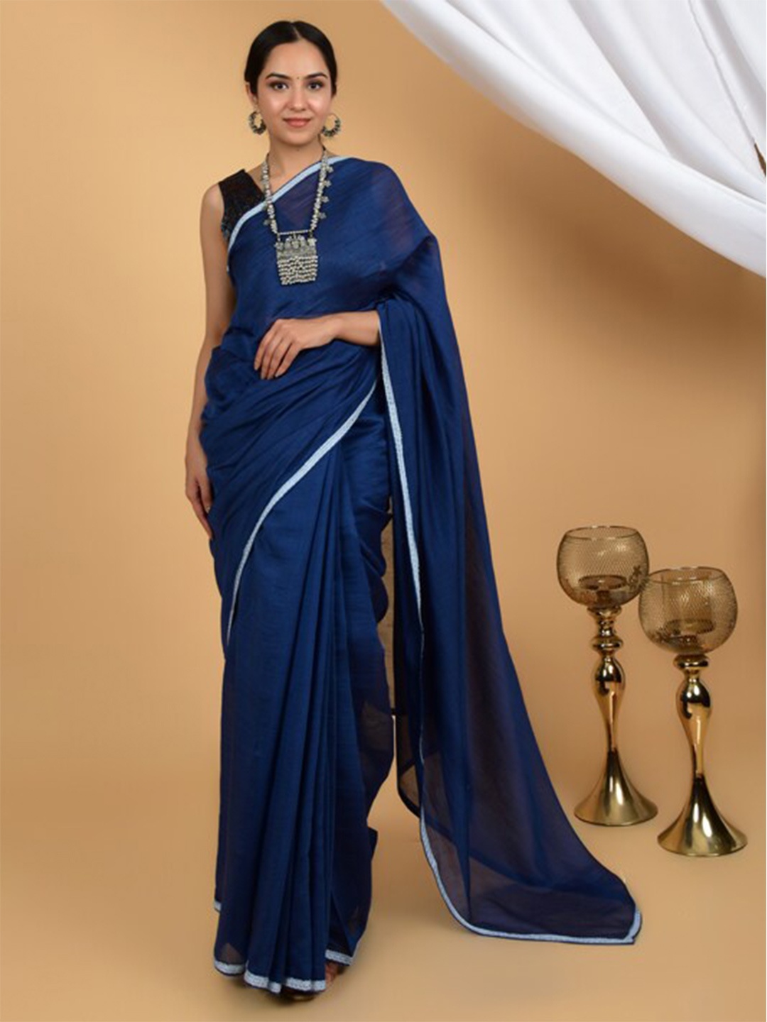 

HANDME Silk Cotton Chanderi Saree, Blue