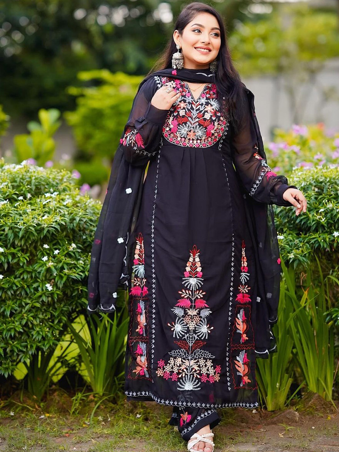 

KALINI Floral Embroidered Thread Work Kurta & Palazzos With Dupatta, Black