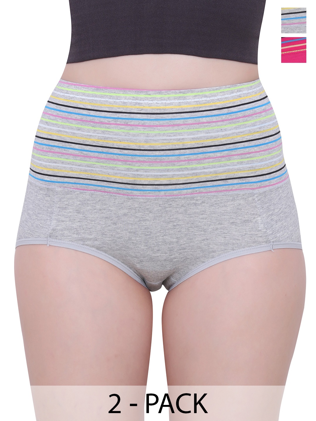 

Glamoras Pack Of 2 Striped High Waist Hipster Briefs, Grey