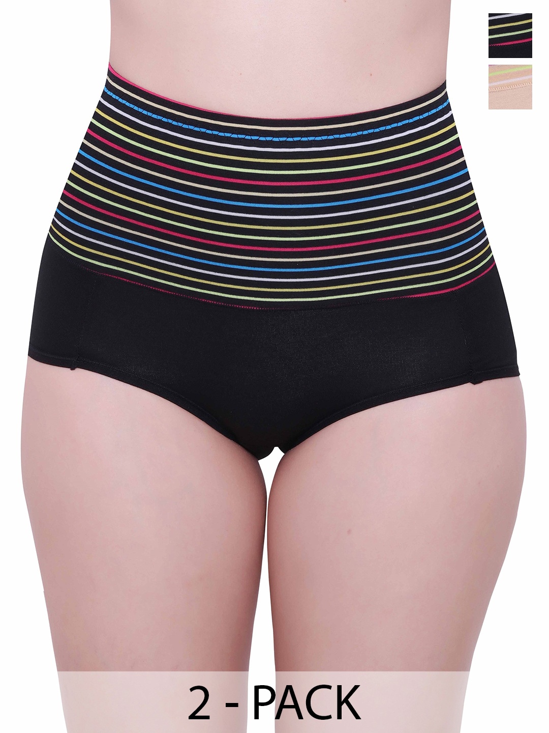 

Glamoras Pack Of 2 Striped High Rise Briefs, Beige