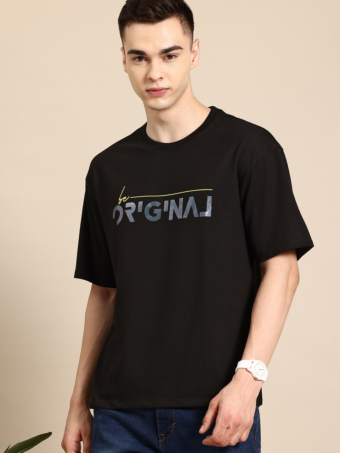 

Mast & Harbour Men Typography Printed Oversized Drop-Shoulder Sleeves T-shirt, Black