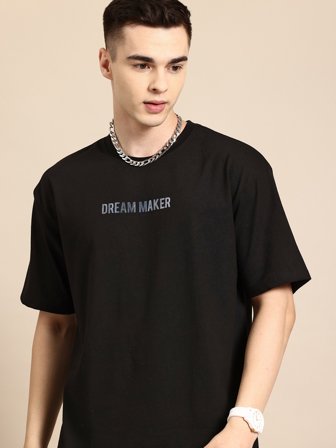 

Mast & Harbour Men Typography Printed Oversized Drop-Shoulder Sleeves T-shirt, Black