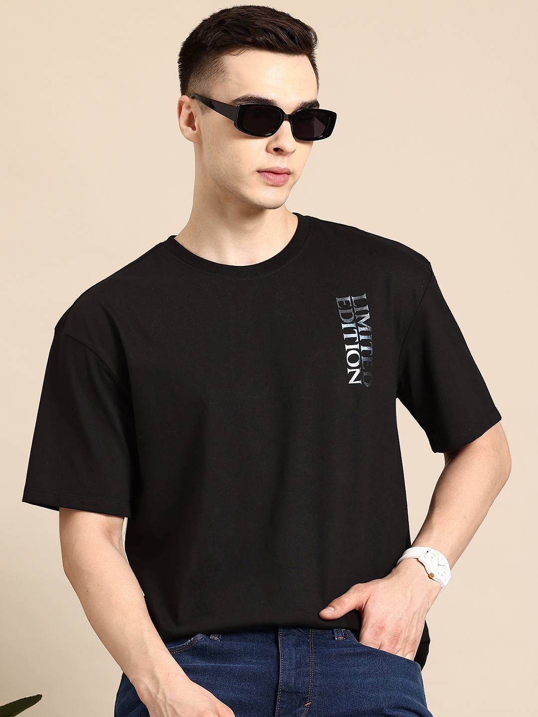 

Mast & Harbour Men Typography Printed Oversized Drop-Shoulder Sleeves T-shirt, Black