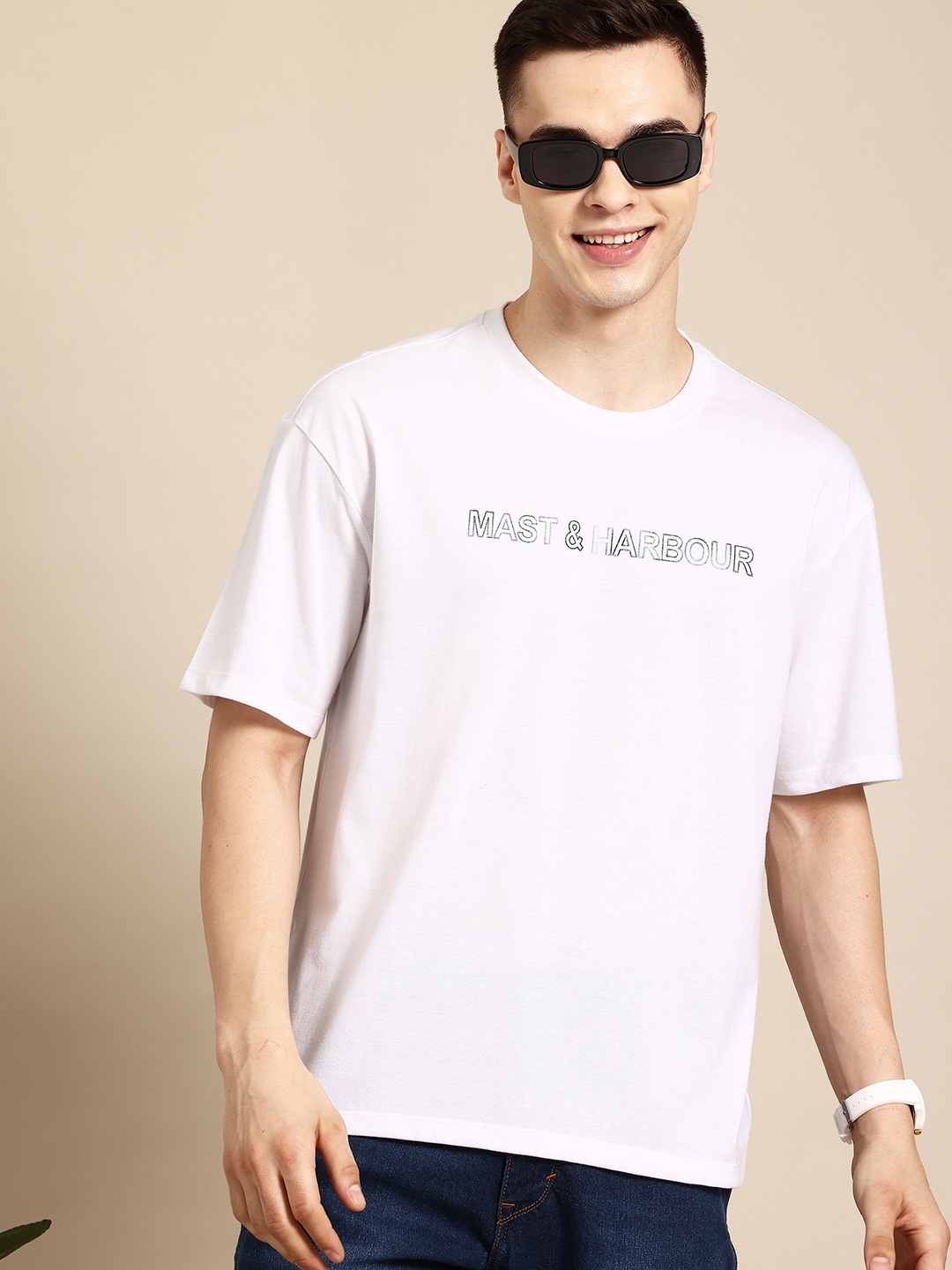 

Mast & Harbour Men Typography Printed Oversized Drop-Shoulder Sleeves T-shirt, White