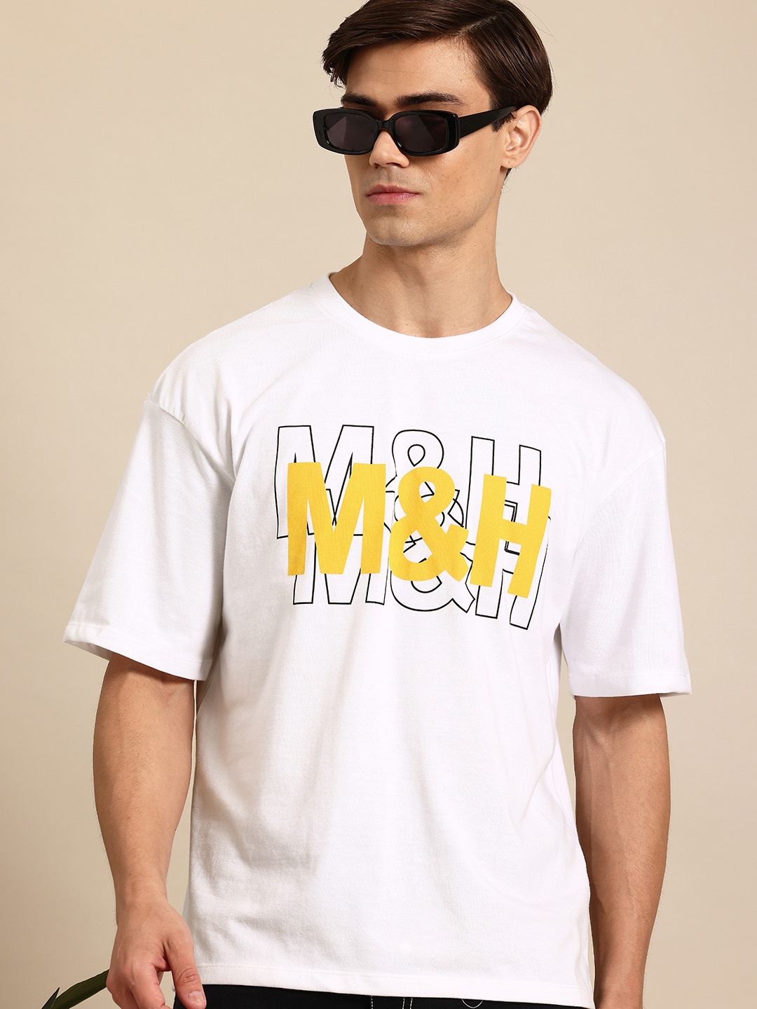 

Mast & Harbour Men Brand Logo Printed Oversized Drop-Shoulder Sleeves T-shirt, White